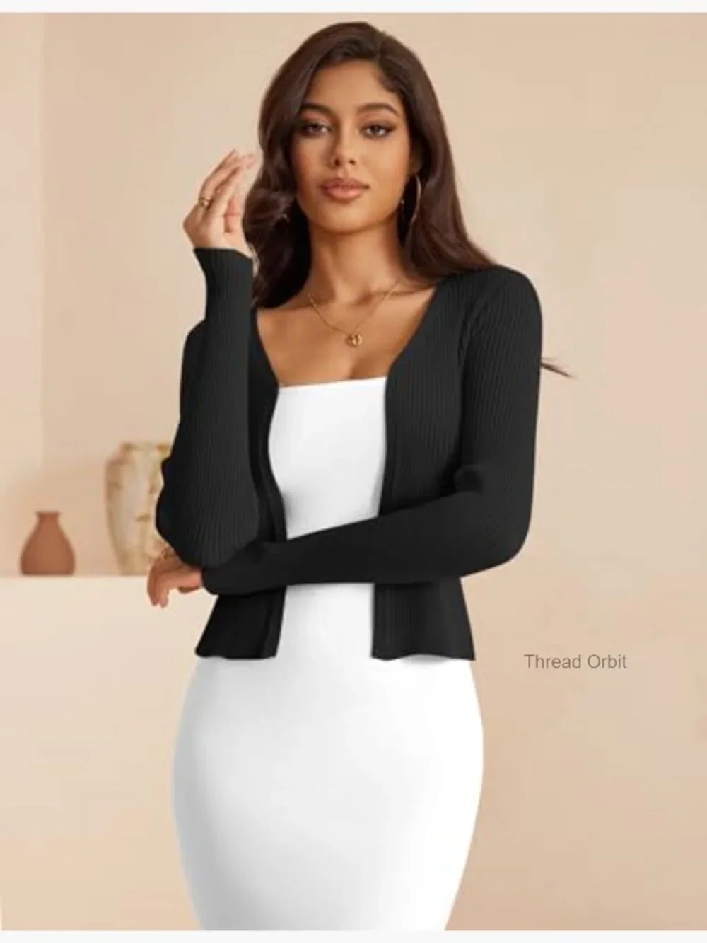 Open Front Cropped Cardigan V-Neck Long Sleeve Rib Knit Shrug - Picture 3 of 5